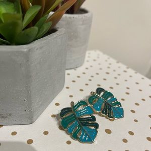 Enamel Monstera Leaf Earrings in Greens and Teals